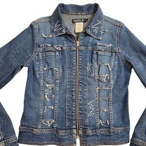 Vintage Y2K Allen B. Denim Jacket Womens S Blue Distressed Embellished